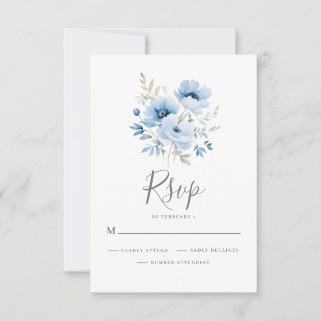 Cartão RSVP Casamento Floral Azul Elegante (Frente)