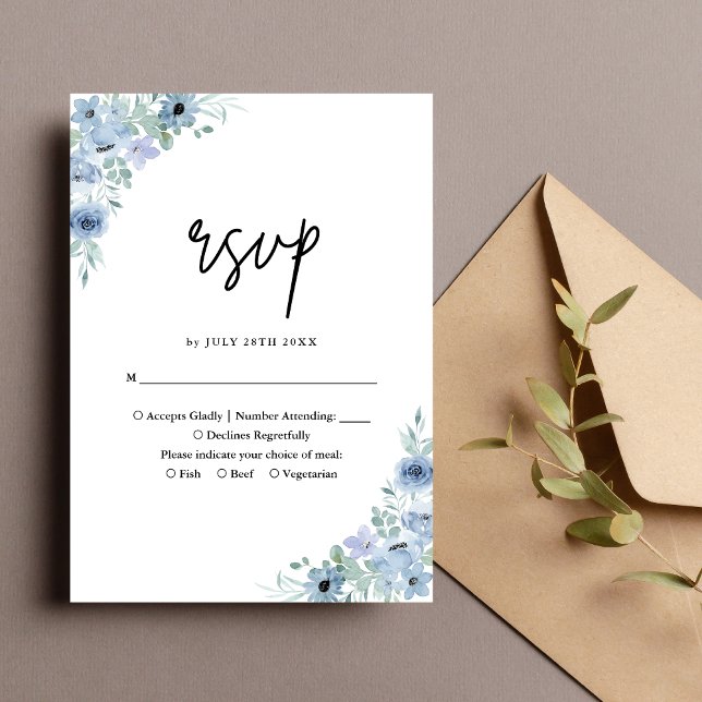 Cartão RSVP Casamento Floral Azul Elegante Dusty (Criador carregado)
