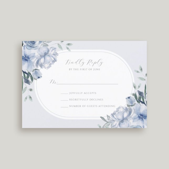 Cartão RSVP Casamento Floral Azul Elegante Moderno Dusty (Criador carregado)
