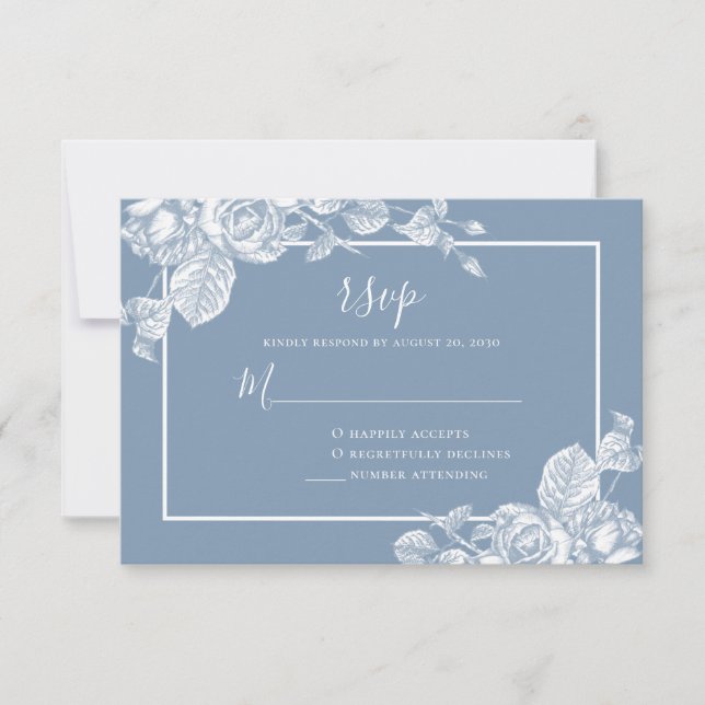 Cartão RSVP Casamento Floral Azul Empoeirado (Frente)