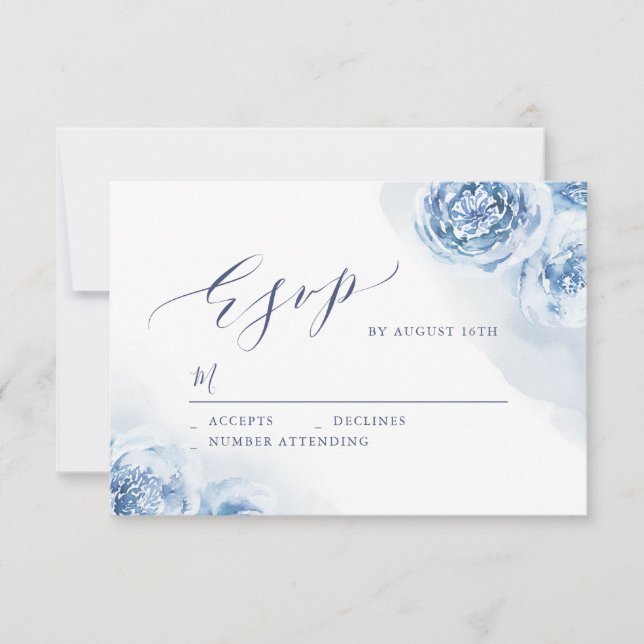 Cartão RSVP Casamento floral azul empoeirado com caligrafia el (Frente)