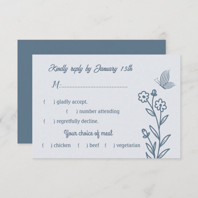 Cartão RSVP Casamento floral azul empoeirado romântico (Frente/Verso)