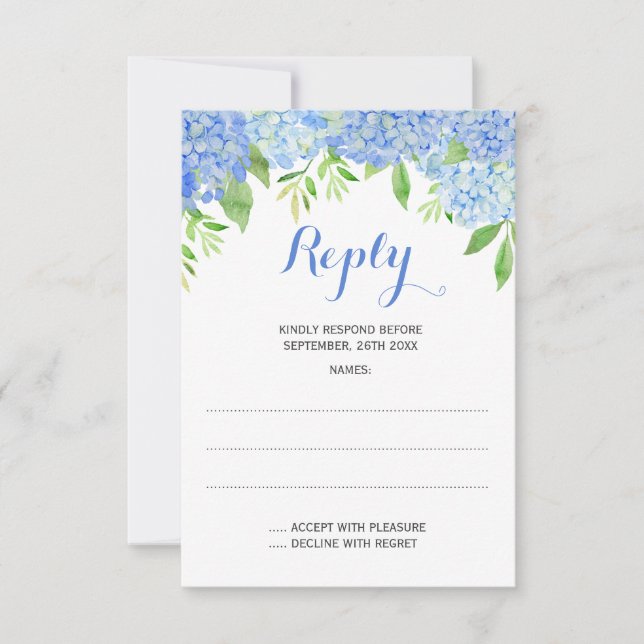 Cartão RSVP Casamento Floral Azul Hydrangea (Frente)