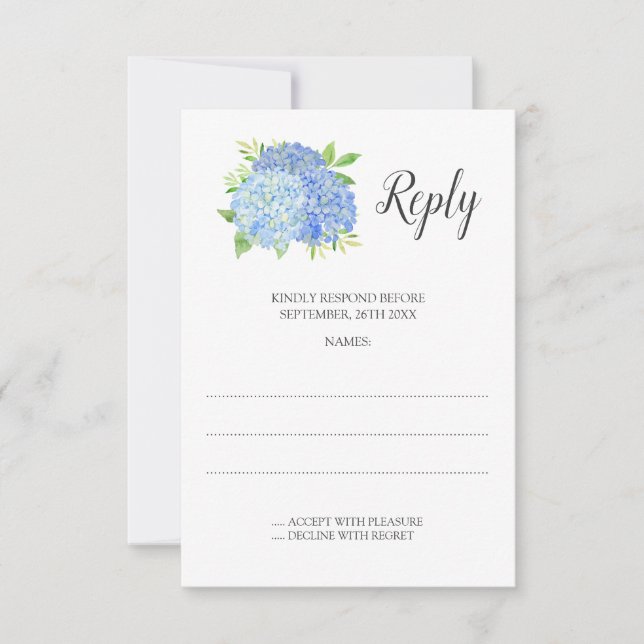 Cartão RSVP Casamento Floral Azul Hydrangea Watercolor (Frente)