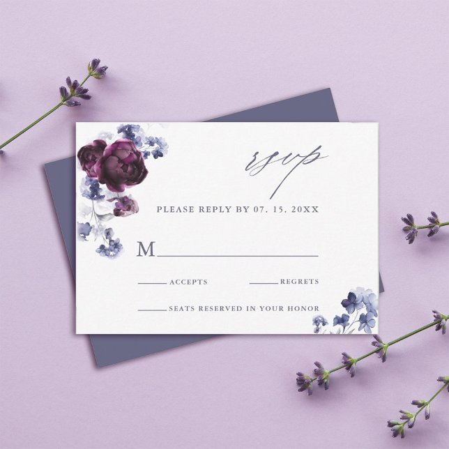 Cartão RSVP Casamento Floral Azul-Indígo e Roxo-Púrpura (Criador carregado)