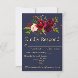 Cartão RSVP Casamento Floral Azul Marinho Burgundy