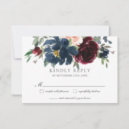Cartão RSVP Casamento Floral Azul-Marinho Burgundy Elegante
