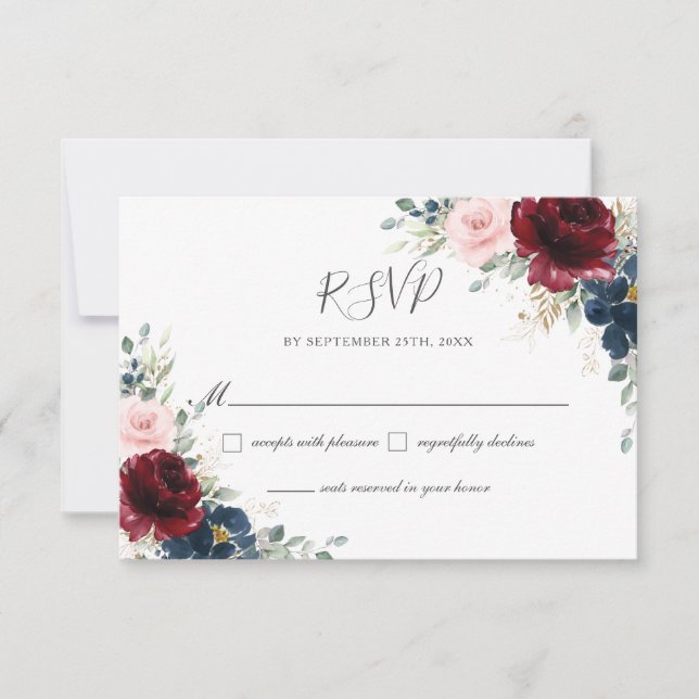 Cartão RSVP Casamento Floral Azul-Marinho Burgundy Elegante (Frente)
