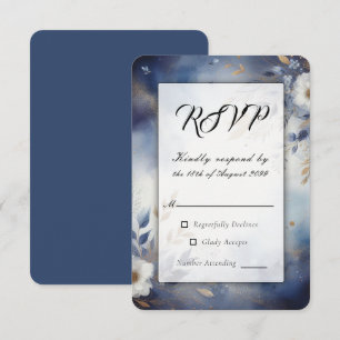 Cartão RSVP Casamento Floral Azul Marinho e Dourado