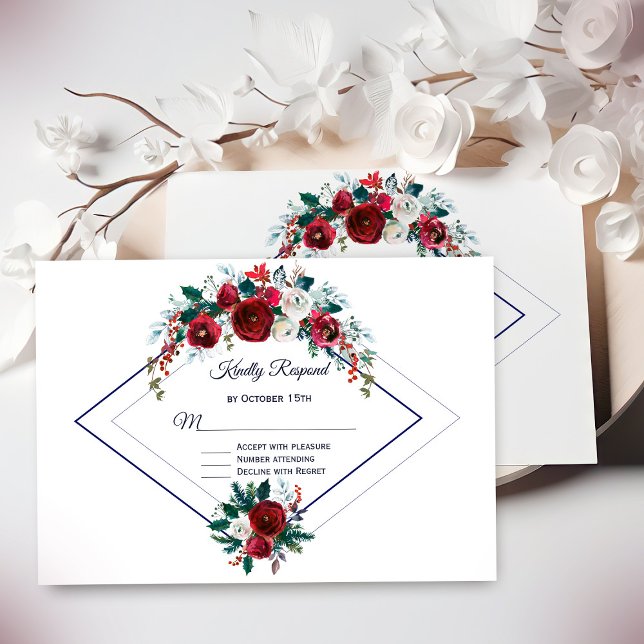Cartão RSVP Casamento Floral Azul Marinho Geométrico Moderno (Criador carregado)