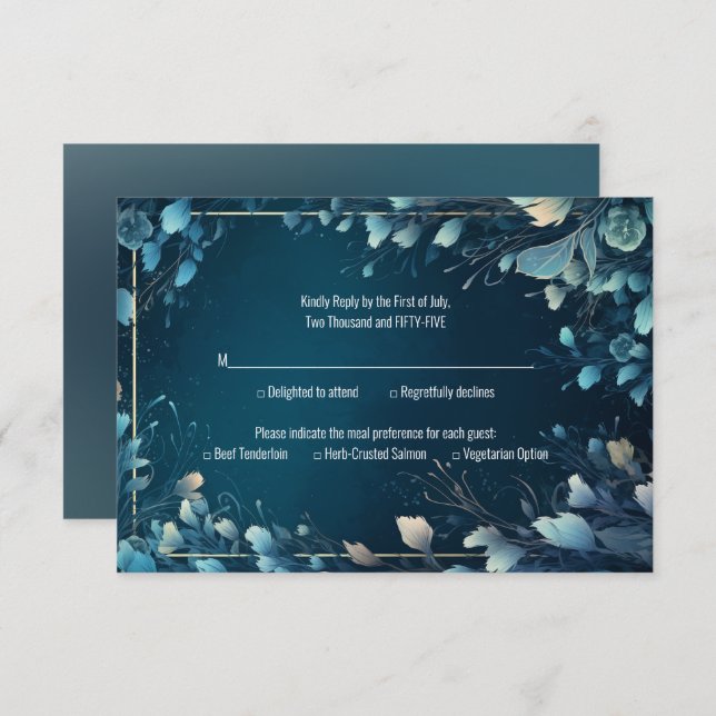 Cartão RSVP Casamento Floral Azul-Negro e Aquamarino (Frente/Verso)