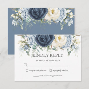 Cartão RSVP Casamento Floral Azul Poeira Boho Marinho Marfim S
