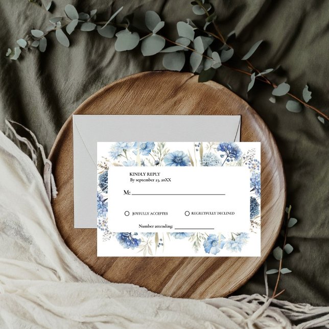Cartão RSVP Casamento Floral Azul Poeira de Primavera Marinha  (Criador carregado)