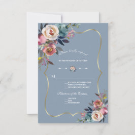 Cartão RSVP Casamento Floral Azul Poeirento Rosa Dourado Elega