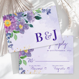 Cartão RSVP Casamento Floral Azul Púrpura Monograma