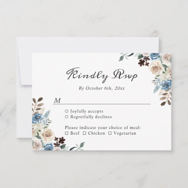 Cartão RSVP Casamento Floral Azul Rustic Boho Dusty (Frente)