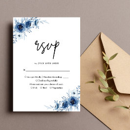 Cartão RSVP Casamento Floral Azul-Vintage, Francês Elegante