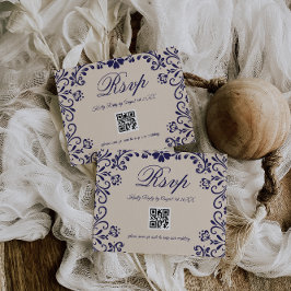 Cartão RSVP Casamento Floral Bege Azul QR
