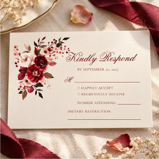 Cartão RSVP Casamento Floral Bege Borgonha