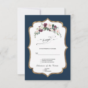 Cartão RSVP Casamento Floral Bege Borgonha Dourado