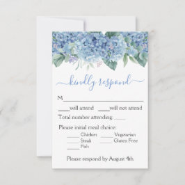 Cartão RSVP Casamento Floral Blue Hydrangeas Watercolor