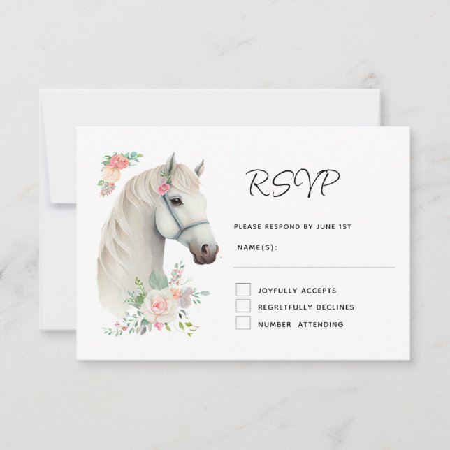 Cartão RSVP Casamento Floral Boho Boho, Cavalo Branco Elegante (Frente)