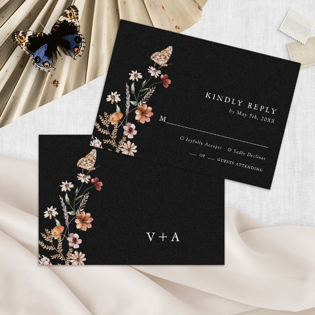 Cartão RSVP Casamento Floral Boho Chic (Black Floral Boho Chic Wedding RSVP Card Monogrammed by Painted Paperie
)