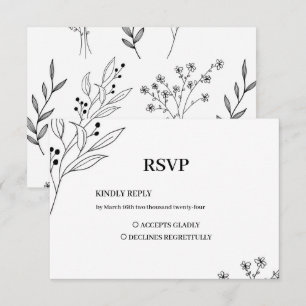 Cartão RSVP Casamento Floral Boho de Canto Negro e Branco