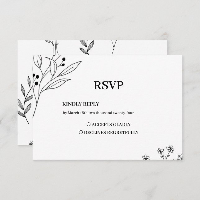 Cartão RSVP Casamento Floral Boho de Canto Negro e Branco (Frente/Verso)