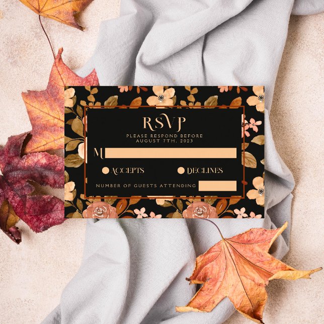 Cartão RSVP Casamento Floral Boho De Cobre Preto Elegante (Criador carregado)