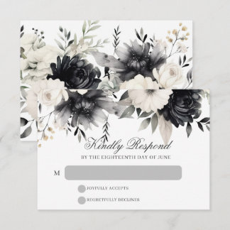 Cartão RSVP Casamento Floral Boho Escuro Preto e Creme