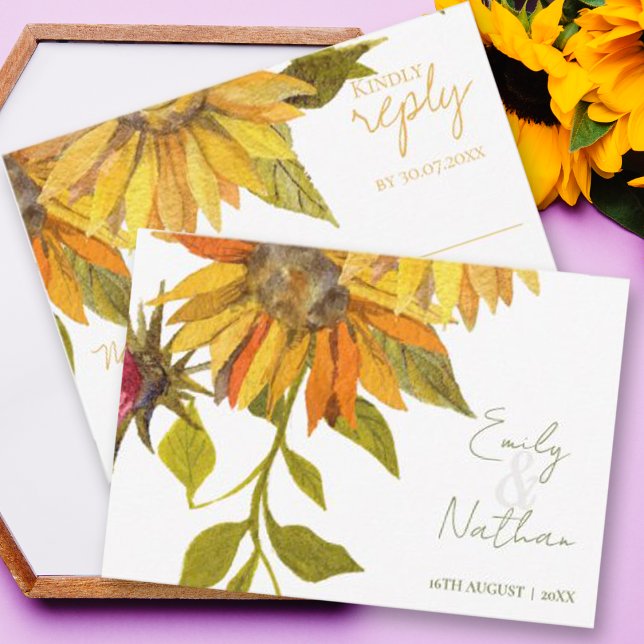 Cartão RSVP Casamento Floral Bonito Amarelo Amarelo Belo (Beautiful Pretty Yellow Sunflower Floral Wedding RSVP Card)