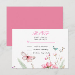 Cartão RSVP Casamento Floral Borboleta Rosa da Primavera