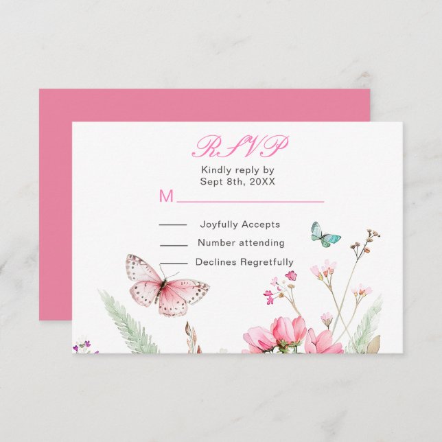 Cartão RSVP Casamento Floral Borboleta Rosa Primavera (Frente/Verso)