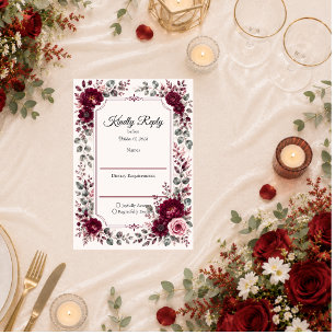 Cartão RSVP Casamento Floral Borgonha Vintage