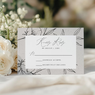 Cartão RSVP Casamento Floral Botânico Moderno Cinza e Preto