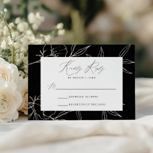 Cartão RSVP Casamento Floral Botânico Moderno Preto e Creme