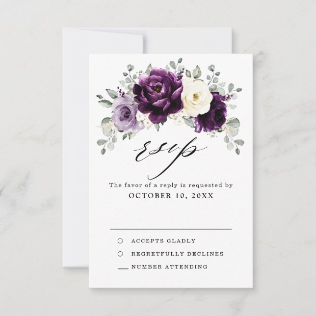 Cartão RSVP Casamento Floral Branca De Púrpura De Pera De Marf (Frente)