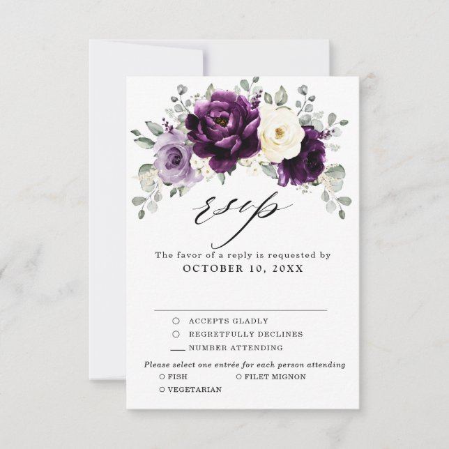 Cartão RSVP Casamento Floral Branca De Púrpura De Pera De Marf (Frente)