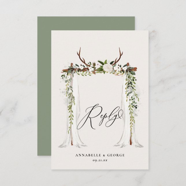 Cartão RSVP Casamento floral branco aguarela veado rústico RSV (Frente/Verso)