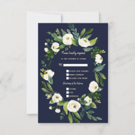 Cartão RSVP Casamento Floral Branco Aquarela Azul Escuro Charm