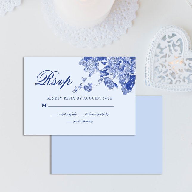 Cartão RSVP Casamento Floral Branco Azul-Claro Elegante Clássi (Criador carregado)