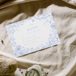 Cartão RSVP Casamento Floral Branco Azul Francês Clássico