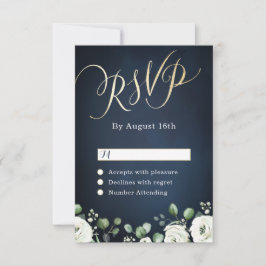 Cartão RSVP Casamento floral branco azul-marinho de guião-ouro