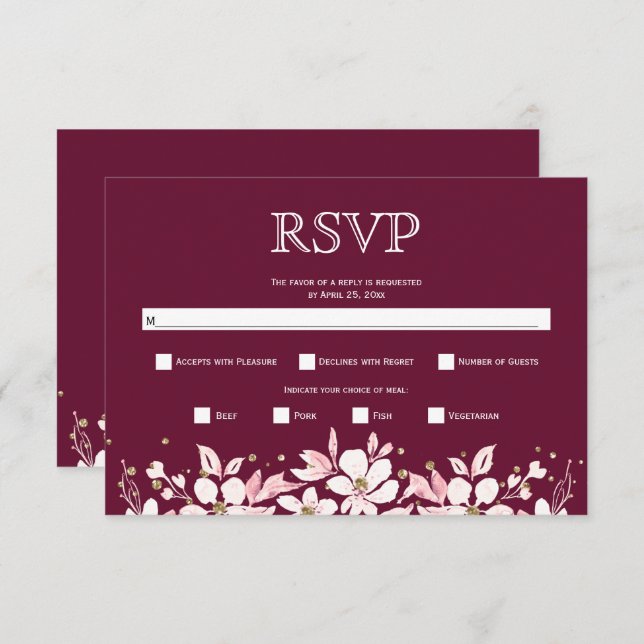 Cartão RSVP Casamento floral branco com garland e joias burgun (Frente/Verso)