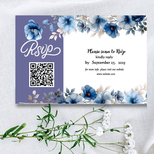 Cartão RSVP Casamento floral branco e azul Dusty (Criador carregado)