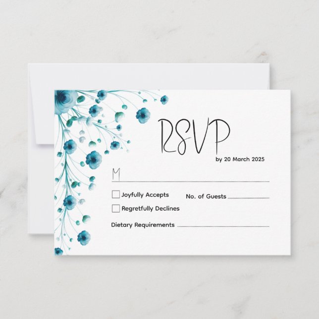 Cartão RSVP Casamento Floral Branco e Azul Moderno (Frente)