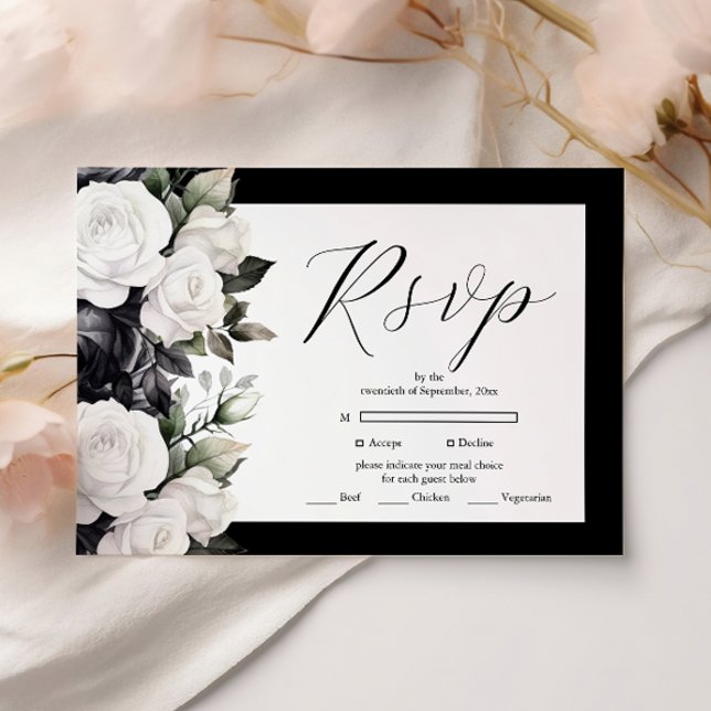 Cartão RSVP Casamento Floral Branco e Preto Elegante (Criador carregado)