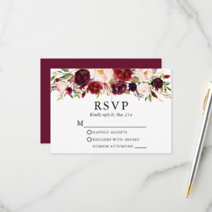 Cartão RSVP Casamento Floral Burgundy Aquarela Elegante