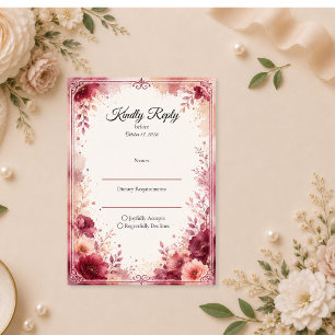 Cartão RSVP Casamento Floral Burgundy Romântico